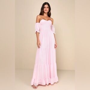 Lulu's Pink Smocked Off the Shoulder Puff Sleeve Maxi Dress